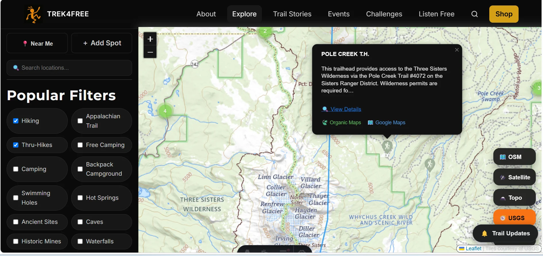 Trek4Free Explore map showing Pole Creek T.H. popup on USGS topo — Three Sisters glacier fields, PCT line, and Three Sisters Wilderness boundary visible
