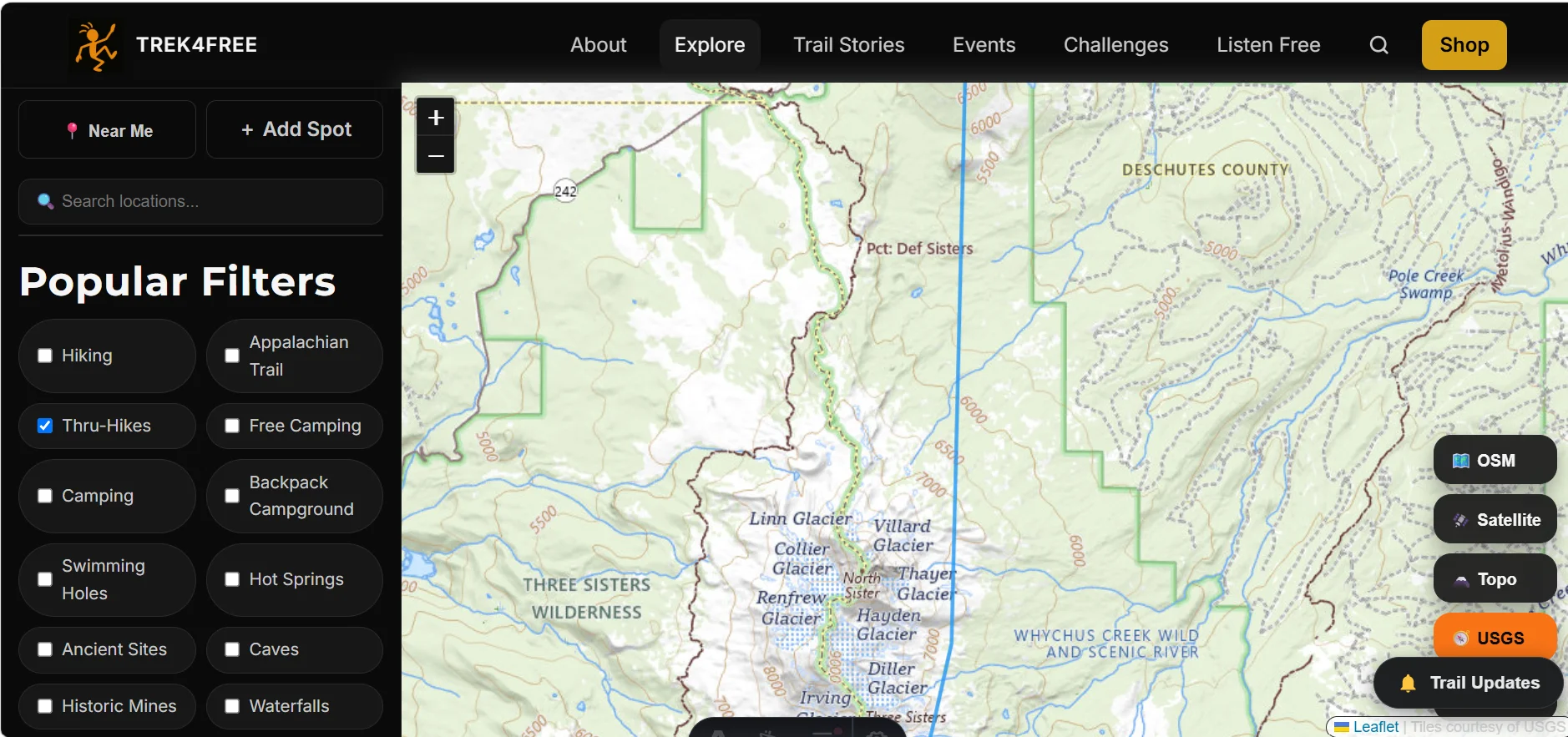 Trek4Free Explore map — Three Sisters Wilderness on USGS topo, glacier fields of North Sister labeled, PCT blue line running the western edge of the wilderness