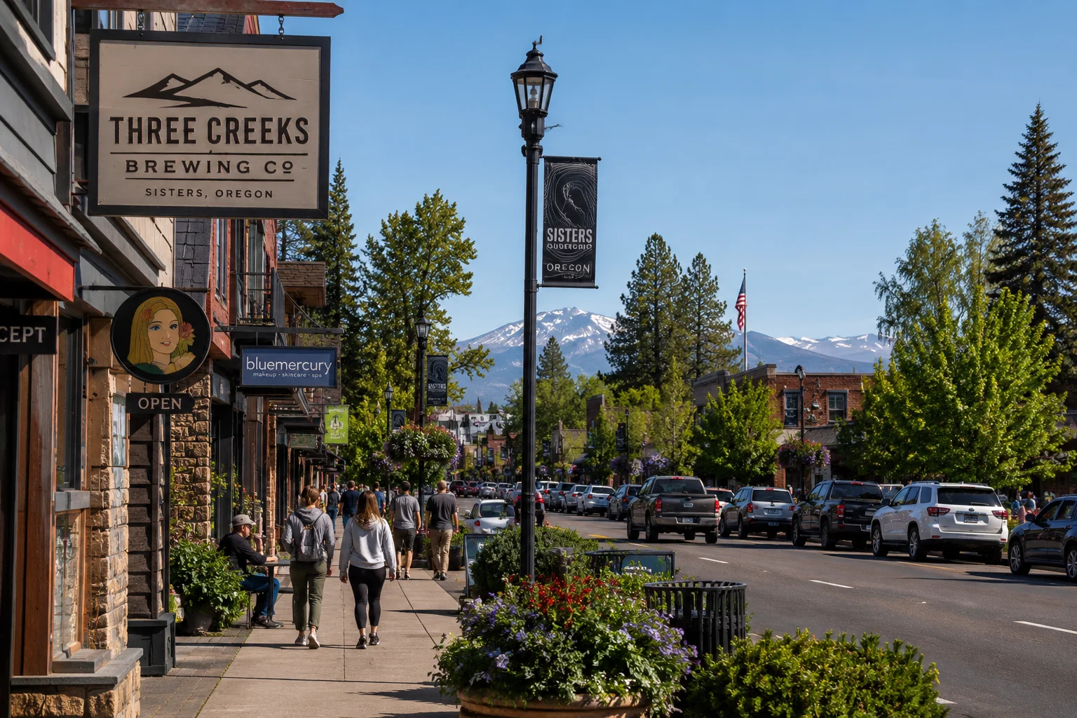 Downtown Sisters, Oregon — Three Creeks Brewing Co, the Sisters Oregon banner, and South Sister framed at the end of Main Street on a summer afternoon