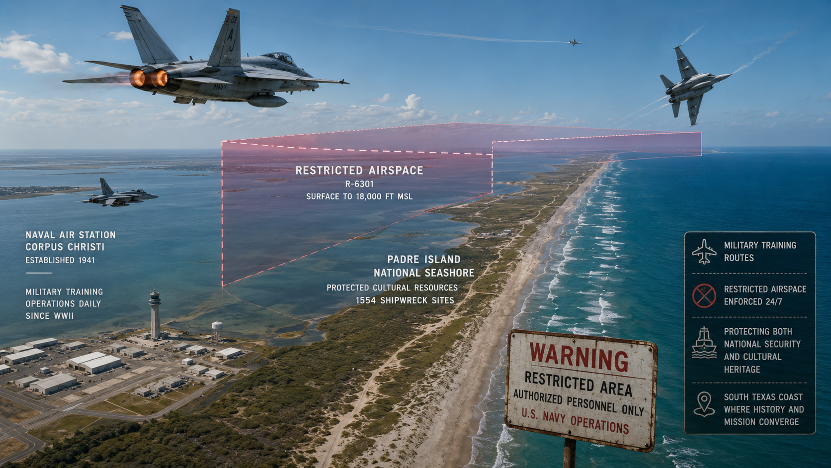 Military airspace restricted zone over Padre Island National Seashore, Naval Air Station Corpus Christi in the background, barrier island coastline, Gulf of Mexico