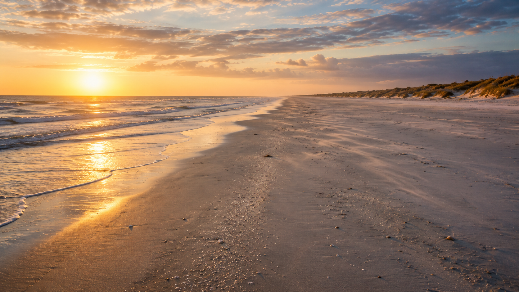 Padre Island National Seashore north beach at dawn, Gulf of Mexico, wide empty beach stretching to the horizon, soft morning light, no footprints yet