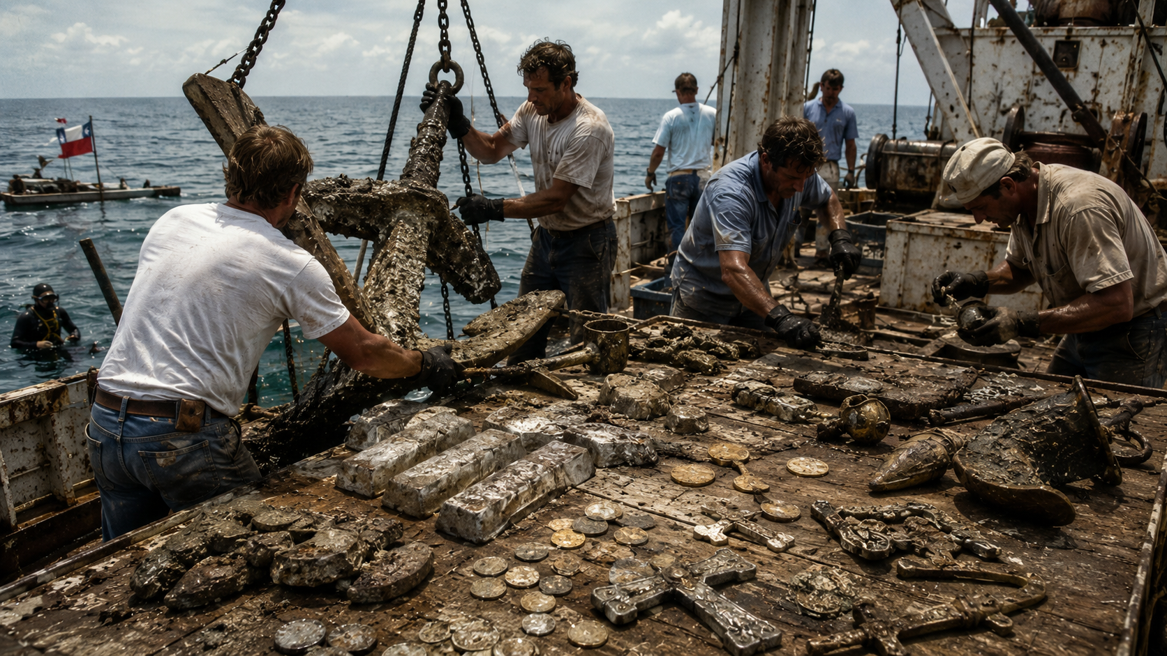 A 16th century Spanish salvage operation at a coastal wreck site, divers and small boats working in clear shallow Gulf water, coins and silver bars visible on the sandy seafloor