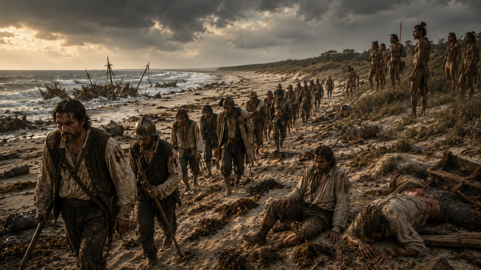 Shipwreck aftermath on the Texas Gulf Coast, survivors on a long empty barrier island beach, 16th century colonial clothing, dramatic storm sky clearing, desperate and remote