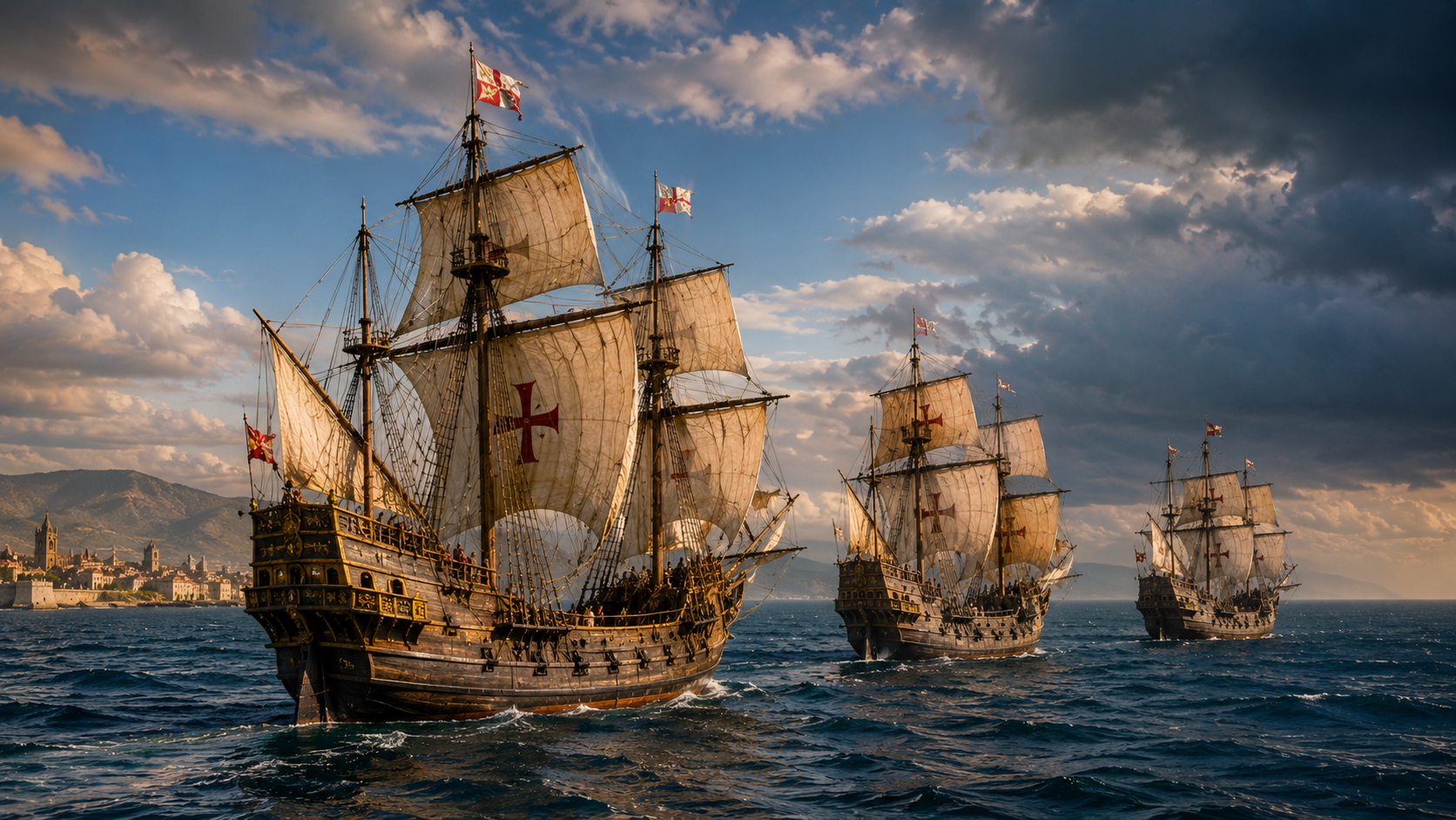 Three 16th century Spanish treasure galleons under sail on the Gulf of Mexico, period-accurate rigging, blue Gulf water, dramatic sky before a storm
