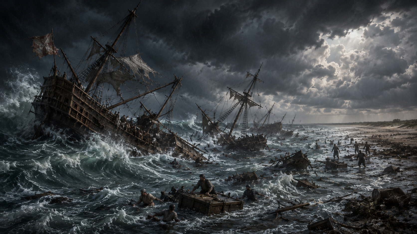 A violent storm at sea, 16th century Spanish ships breaking apart in massive waves, sails tearing, Gulf of Mexico coast visible in the distance, dramatic and catastrophic scene