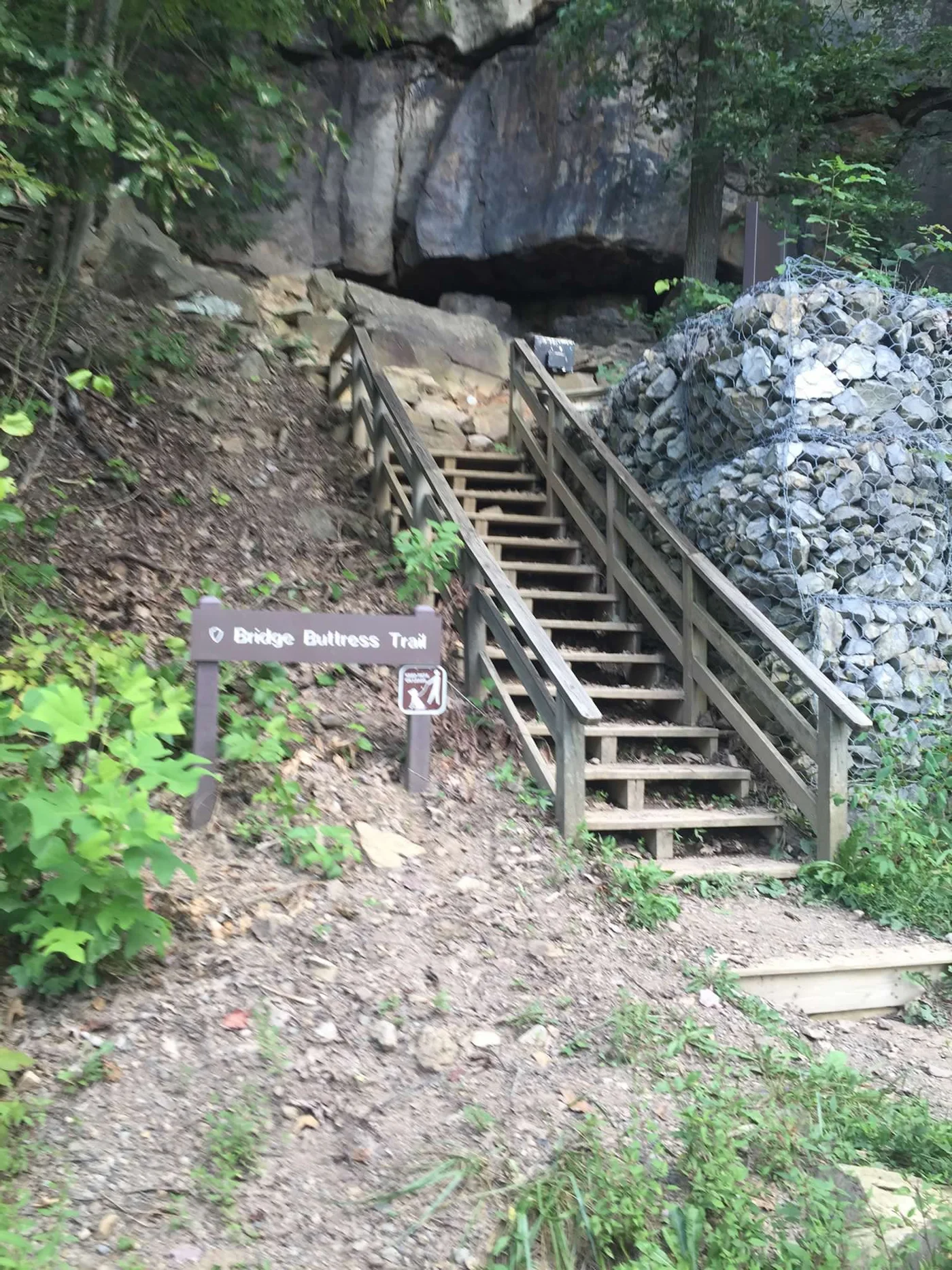 The Bridge Buttress approach — walking toward the walls below the New River Gorge Bridge