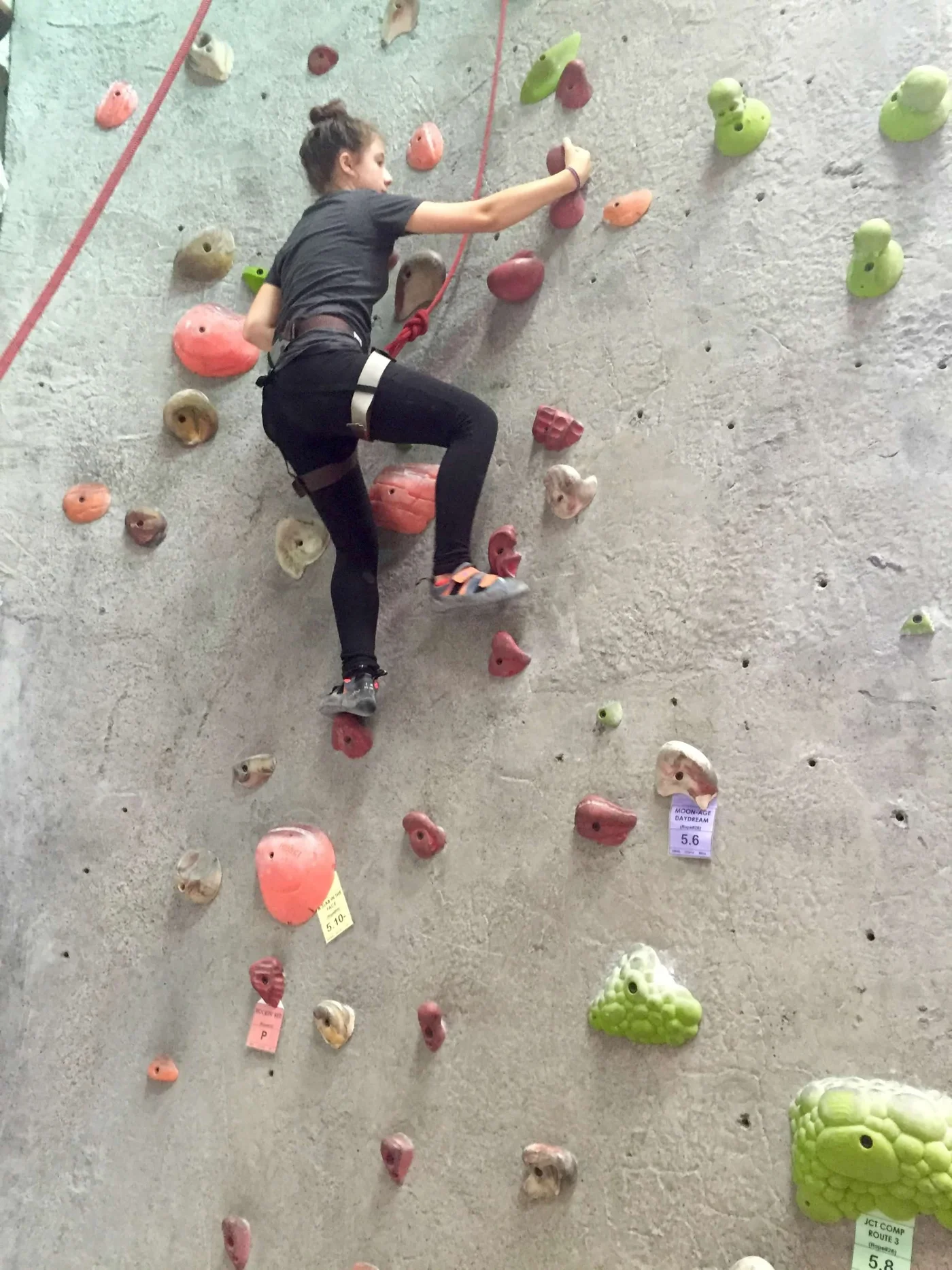 Blakely on the climbing wall — this she came for