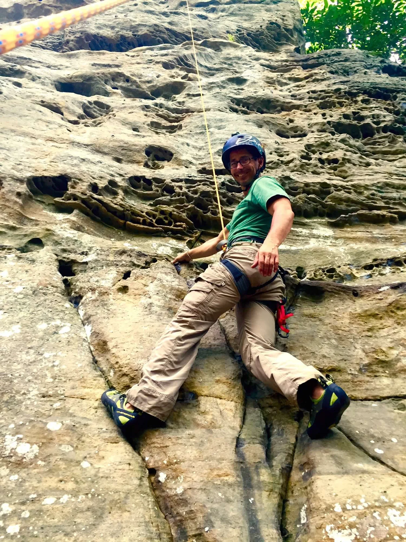 Tortuga on the wall at New River Gorge — this is what it looks like from outside when you're in the crux