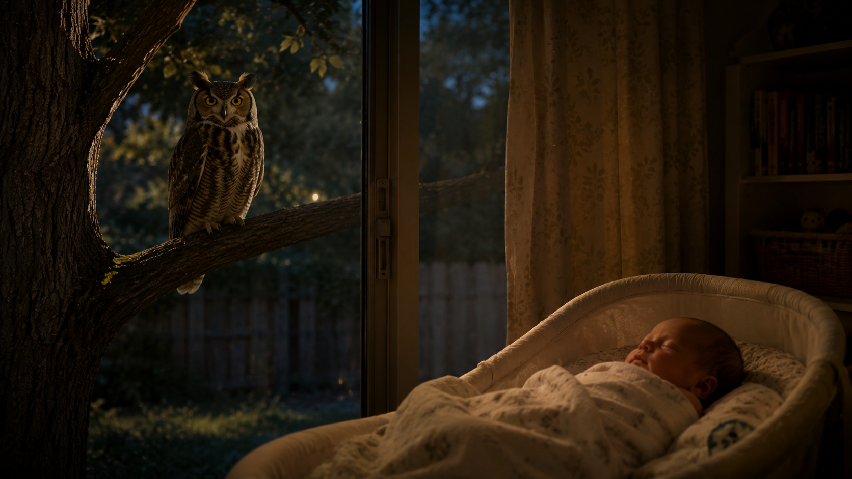 A great horned owl in the tree outside — watching over her for a full week