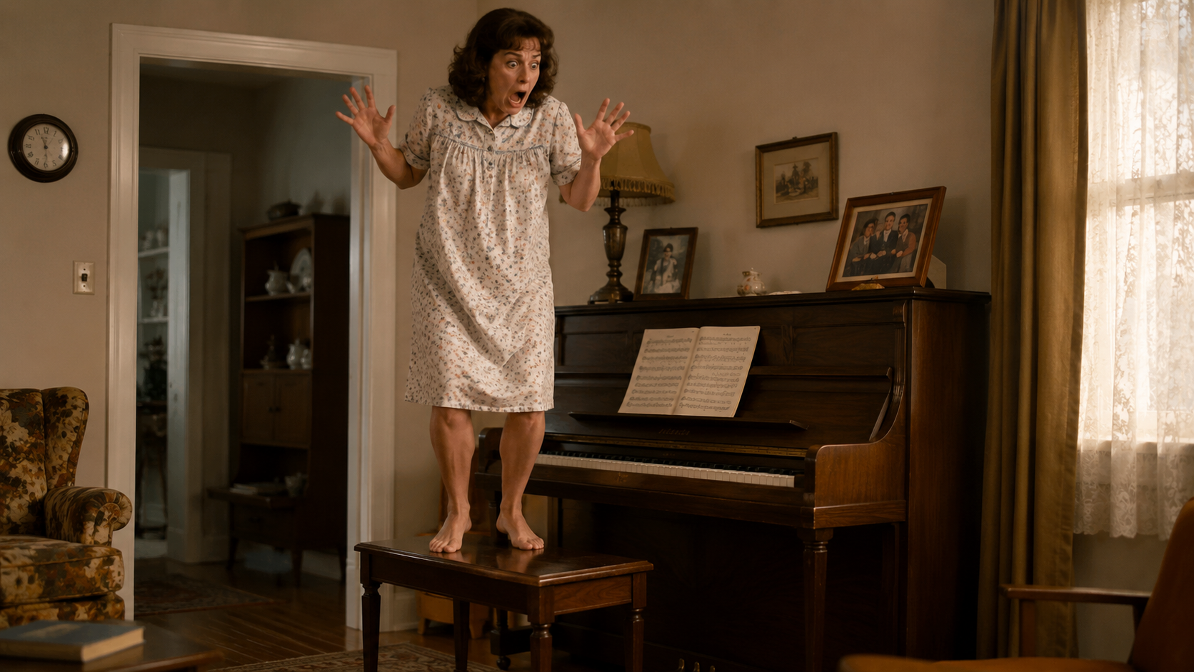 Standing on the piano bench — my mom's exact reaction when the snake crawled up her leg