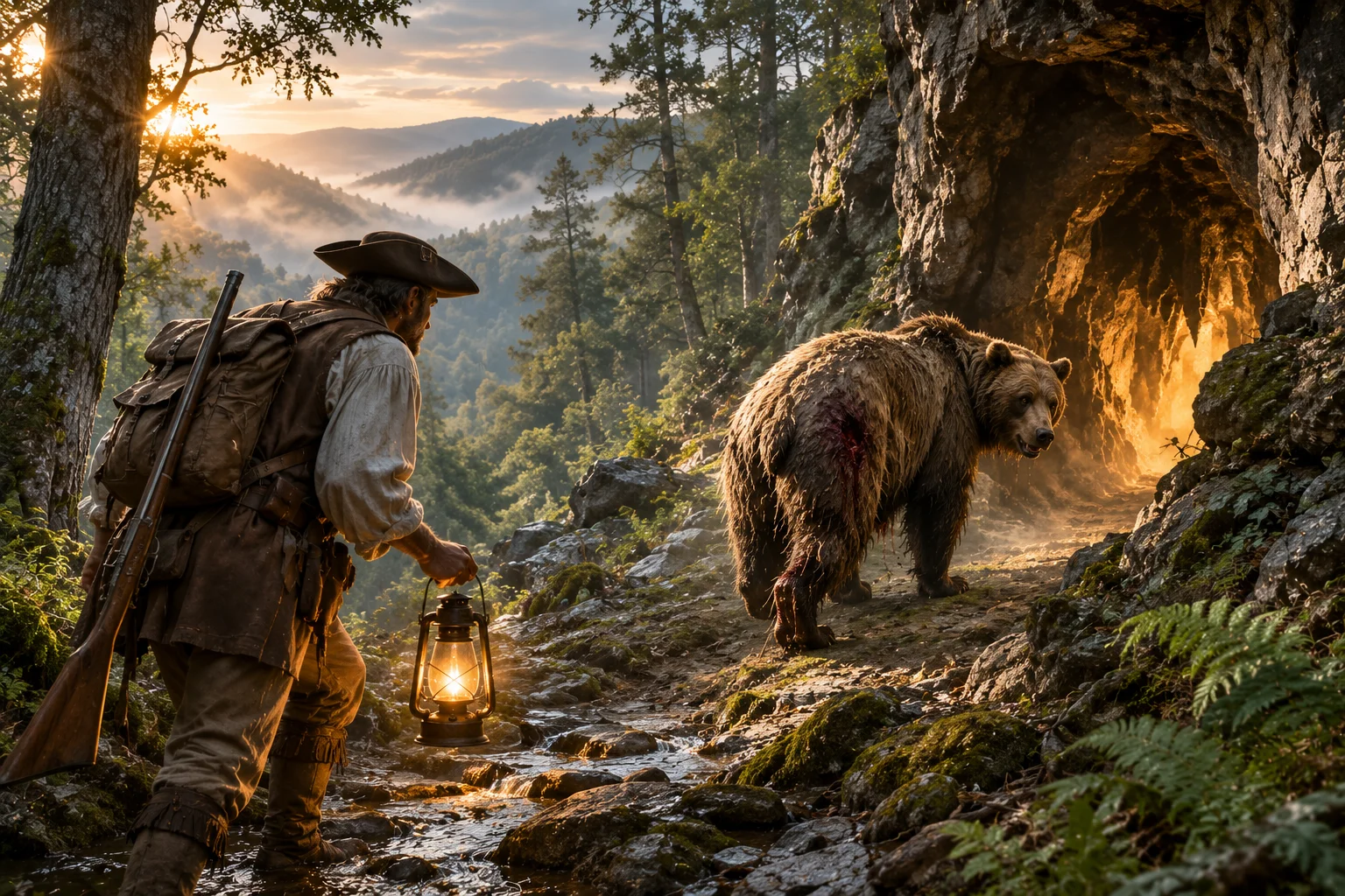 A wounded bear leading a colonial-era prospector to a cave entrance in the Appalachian mountains, dramatic lighting