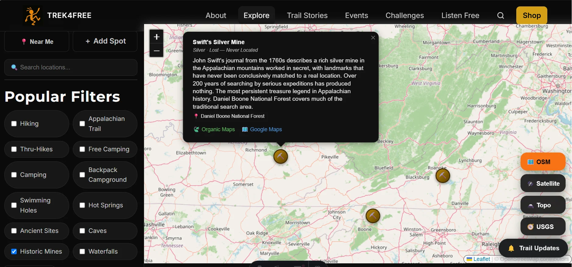 Trek4Free's Explore map showing the Swift's Silver Mine entry under the Historic Mines filter, with three location markers across Kentucky and Virginia