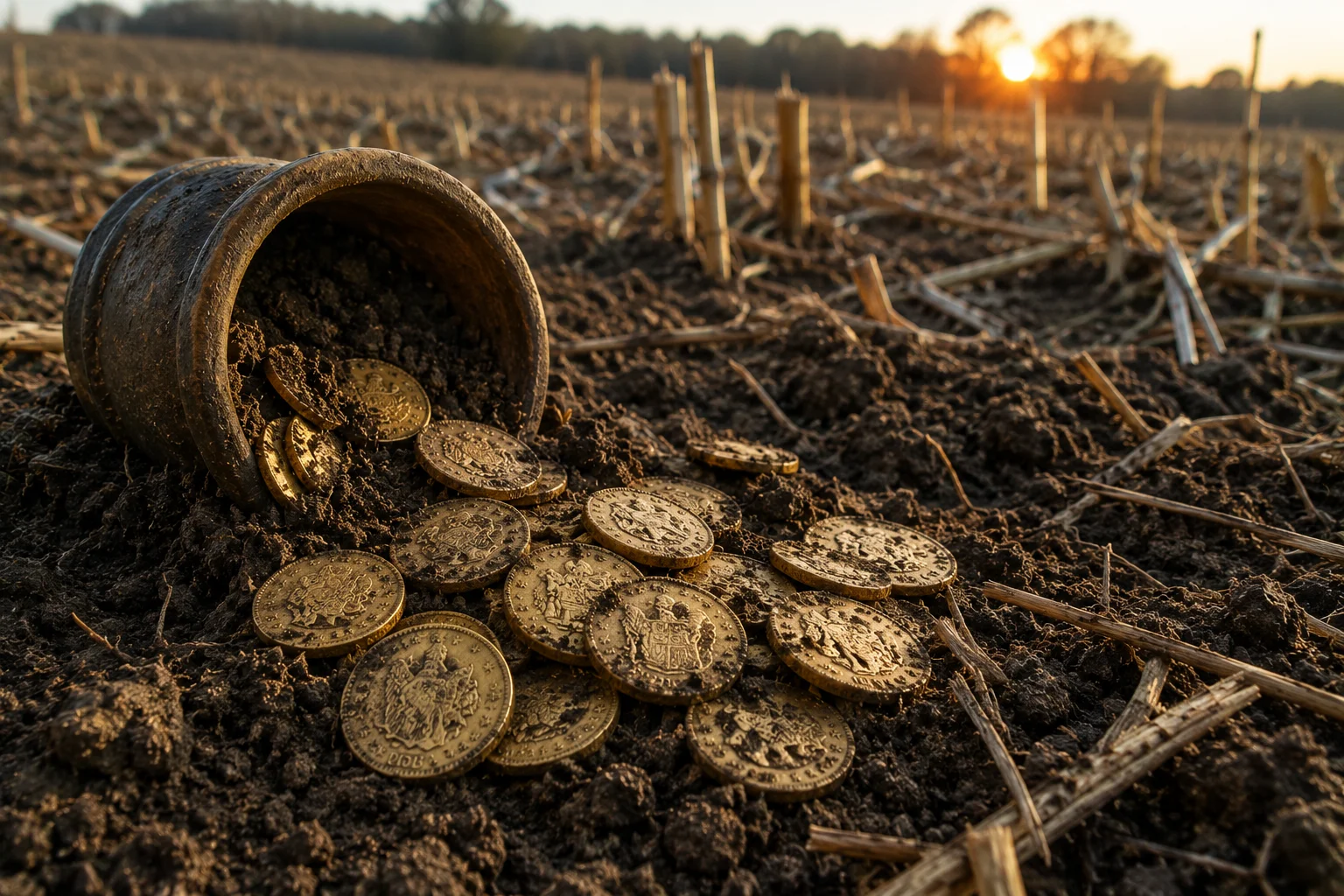 An illustration suggesting Civil War-era gold coins recently unearthed in a Kentucky cornfield