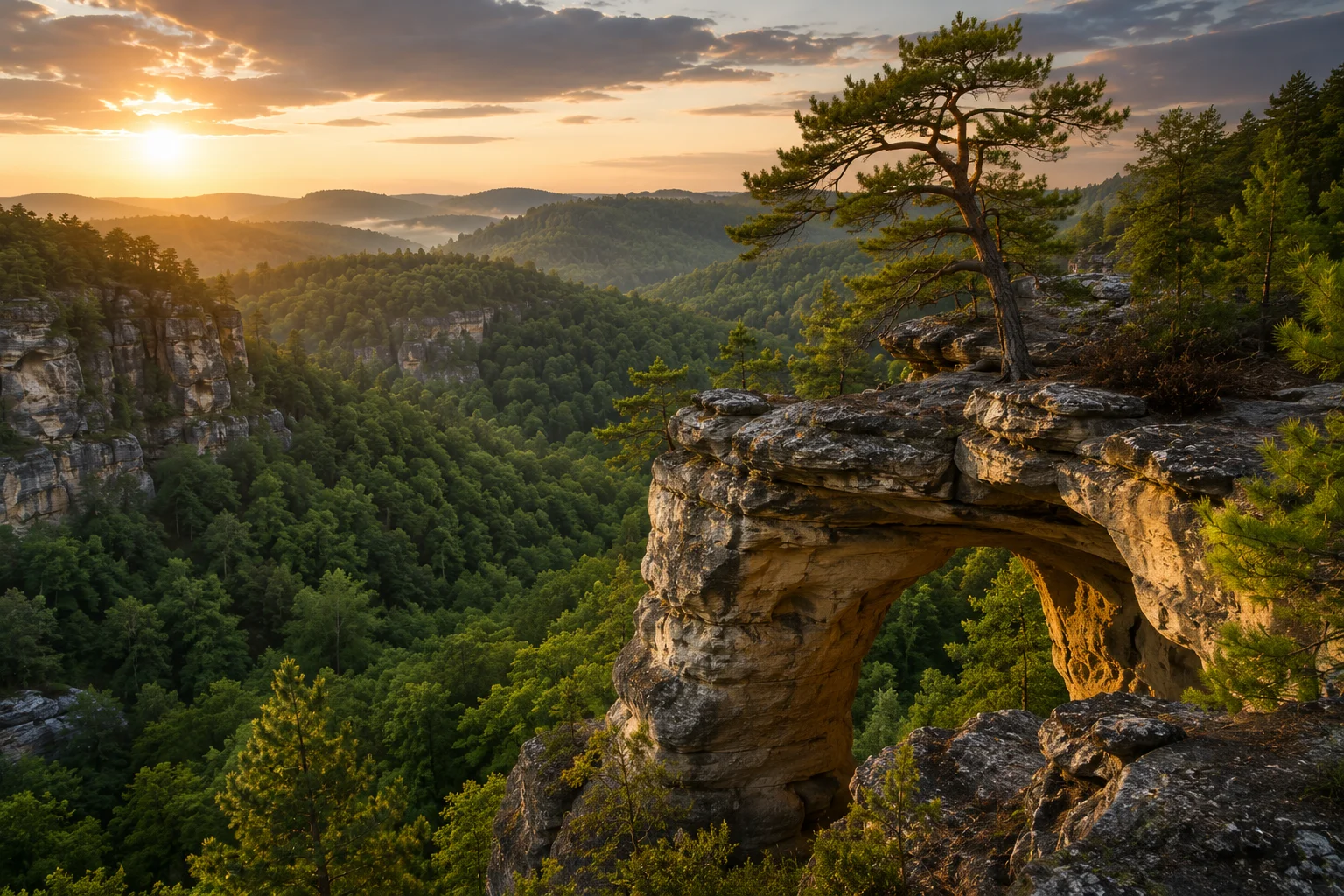 The rugged sandstone cliffs and forest of Red River Gorge in the Daniel Boone National Forest, Kentucky