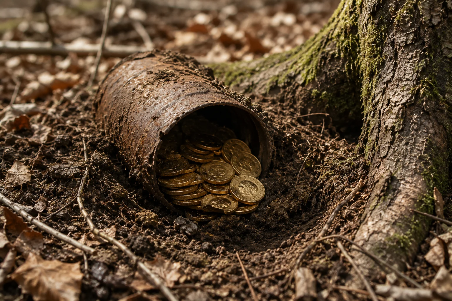 A rusted tin can partially exposed in the dirt near a tree, gold coins visible inside