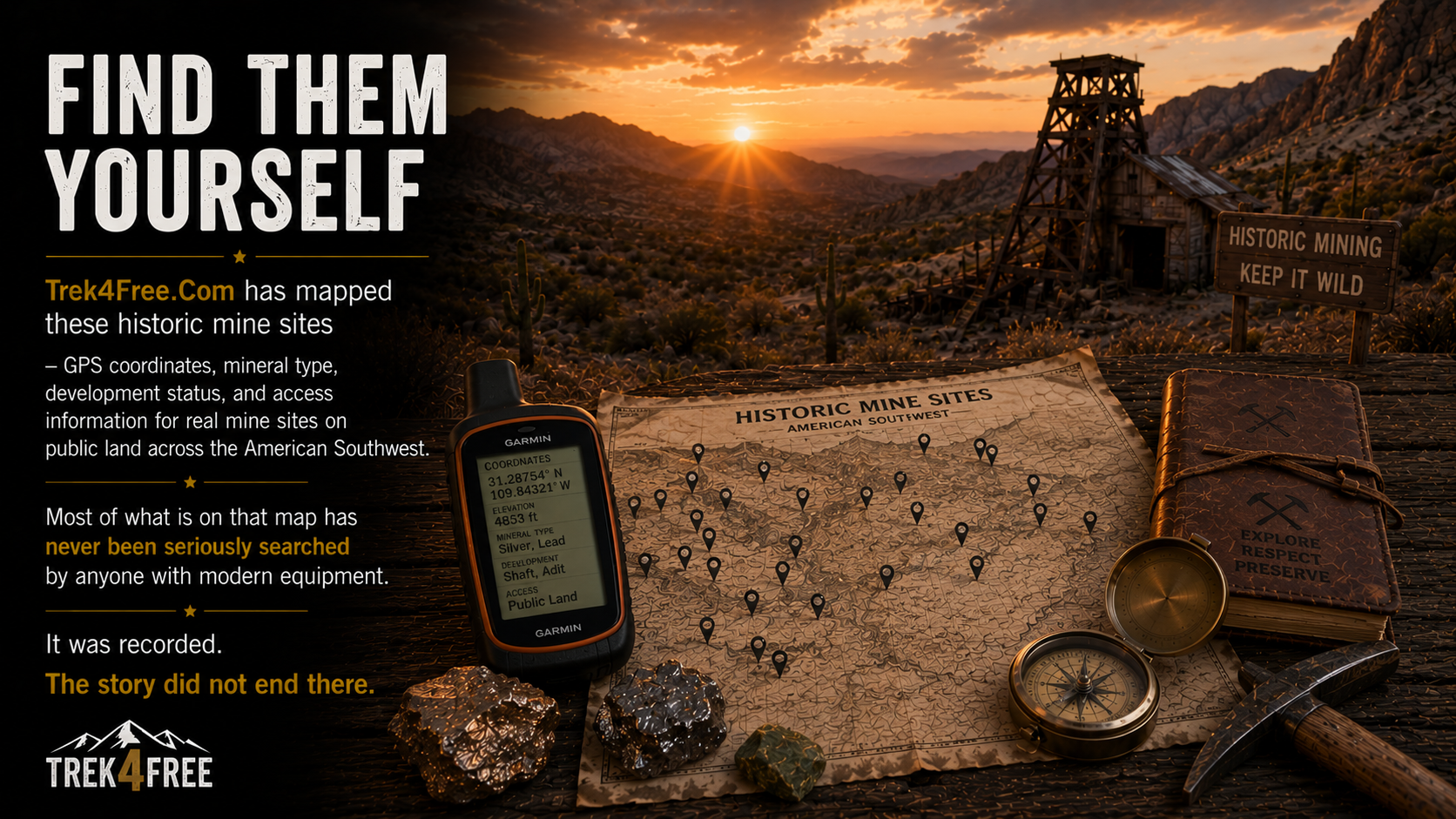 Trek4Free has mapped historic mine sites — GPS coordinates, mineral type, development status, and public land access