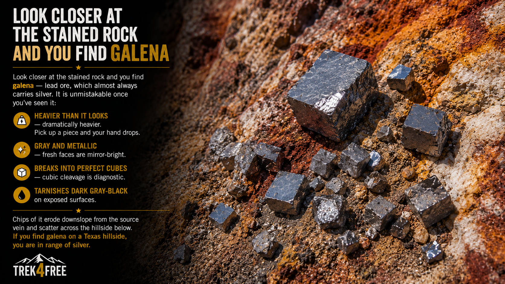 Galena — lead ore with silver content. Heavy, gray, cubic cleavage, mirror-bright fresh faces. This is what you are looking for.