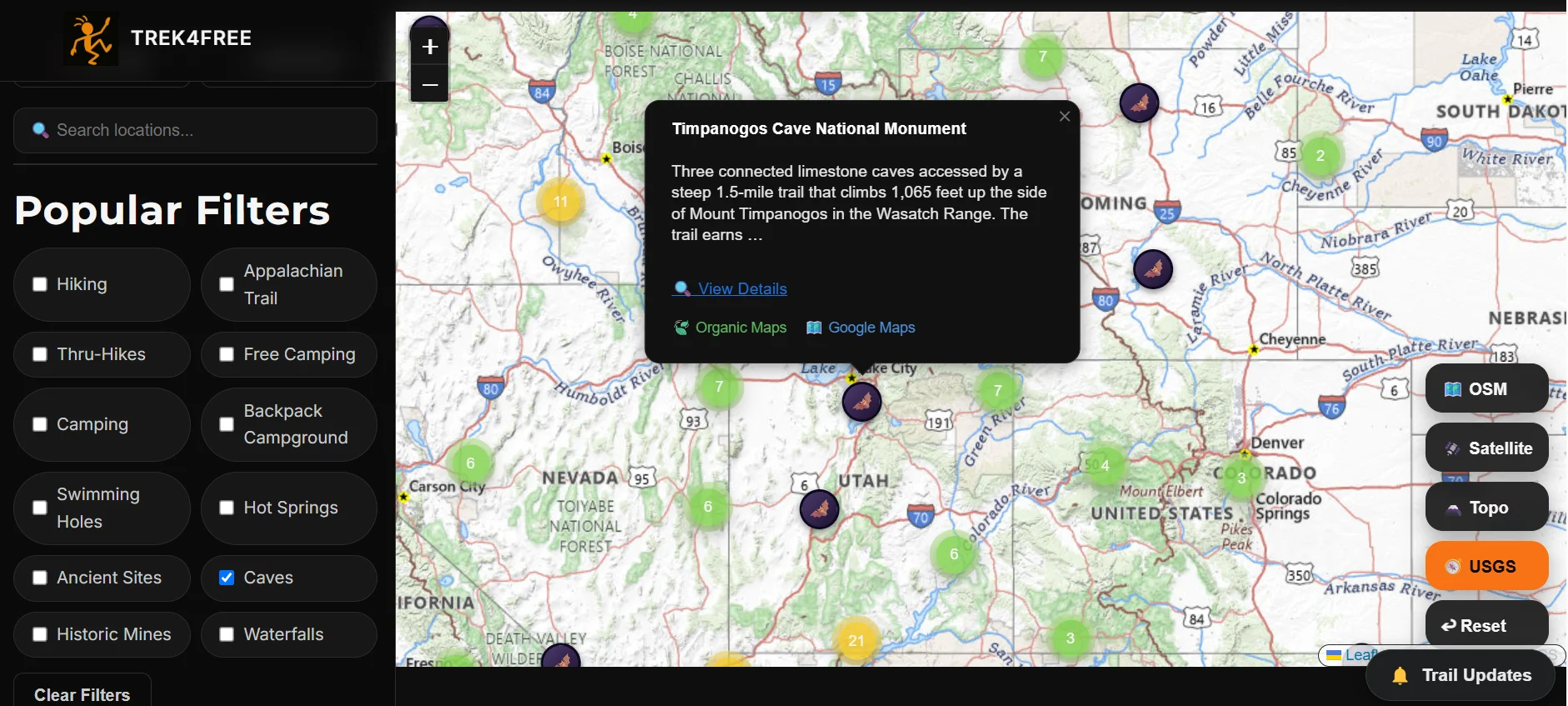 Trek4Free Explore map with Caves filter showing cave locations on public land