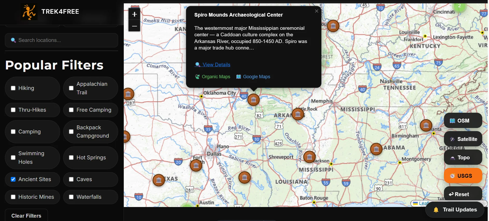Trek4Free Explore map with Ancient Sites filter showing archaeological locations
