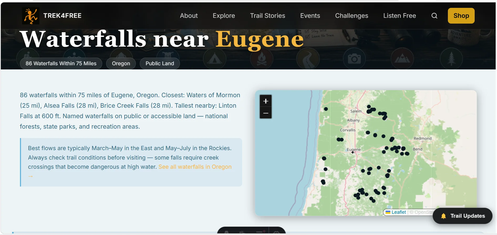 86 waterfalls within 75 miles of Eugene Oregon on Trek4Free