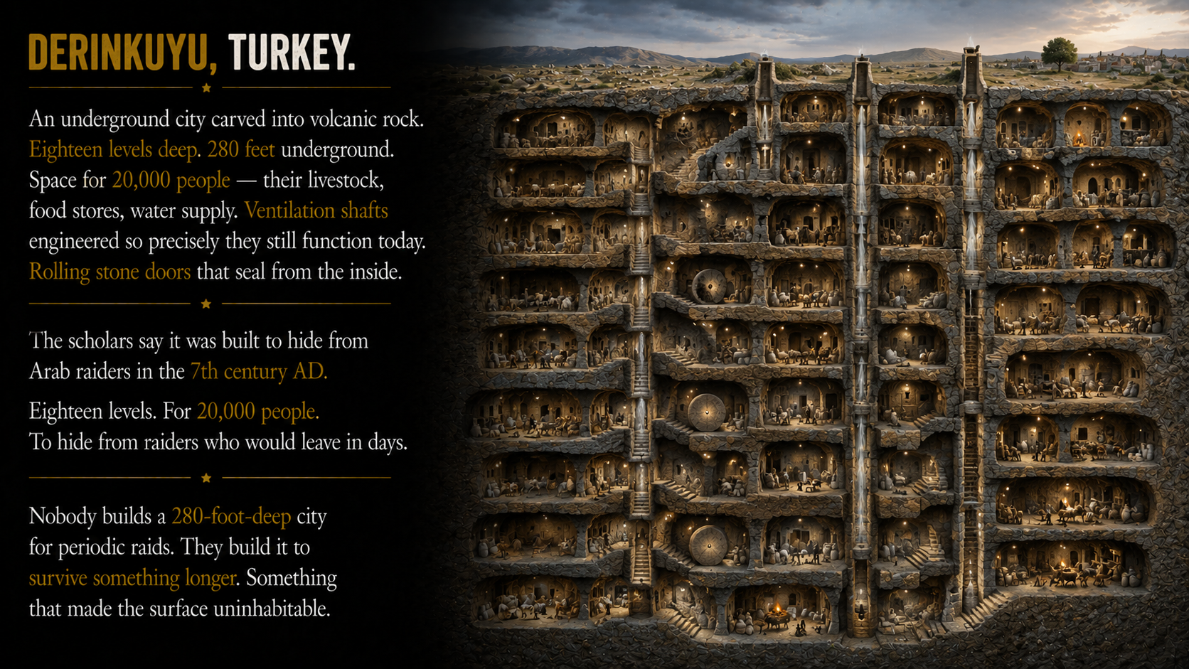 Derinkuyu underground city — 18 levels, 20,000 people, 280 feet deep