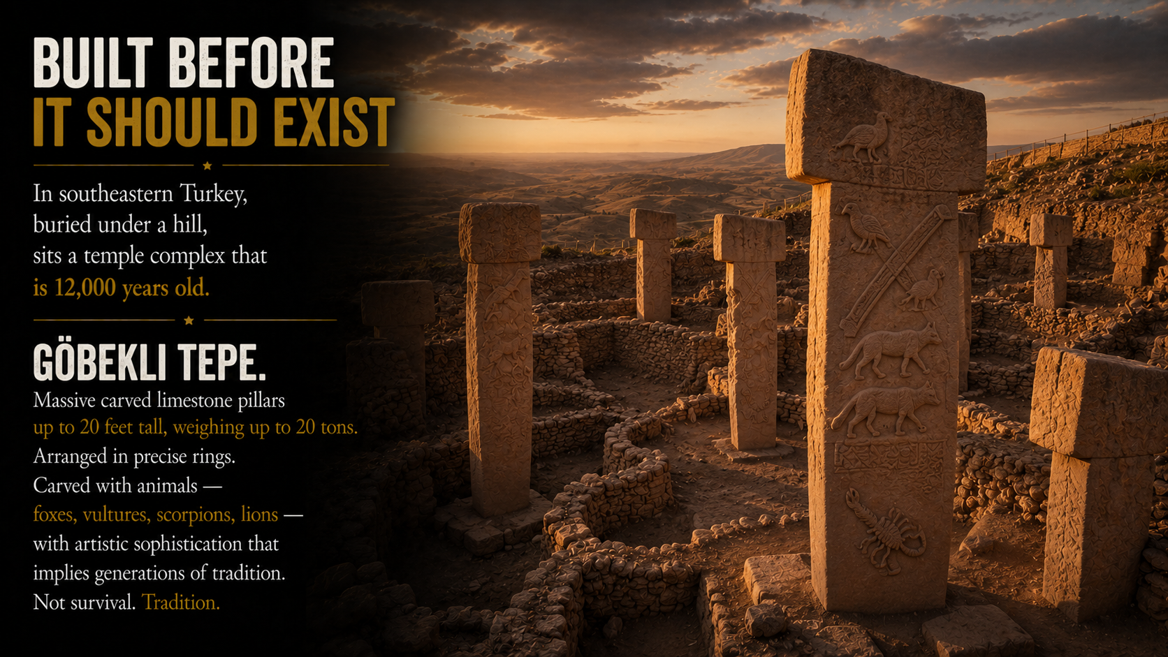 Göbekli Tepe — 12,000 years old, built before agriculture existed