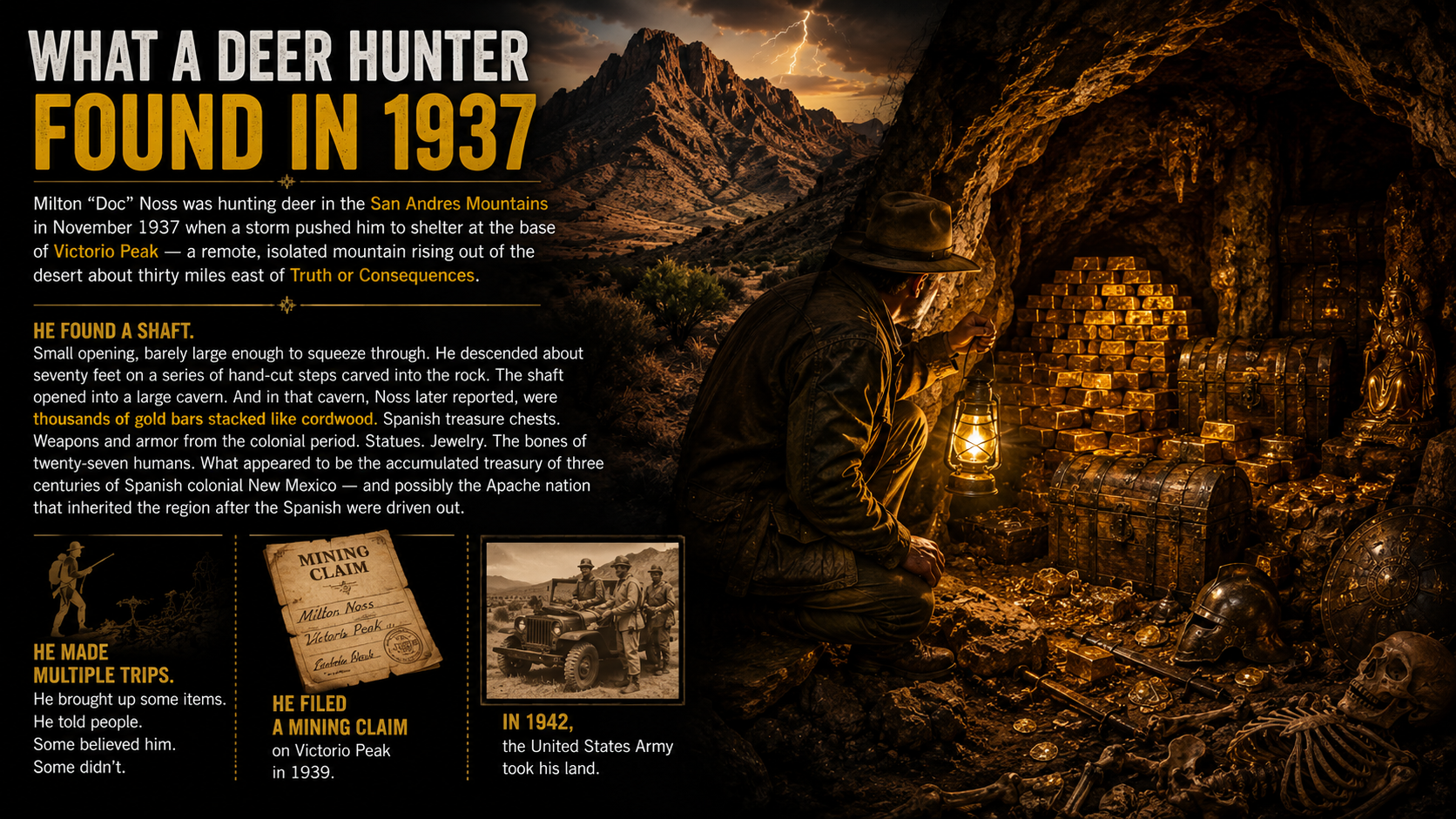 What a deer hunter found in 1937 — Doc Noss, Victorio Peak, and the gold bars stacked like cordwood