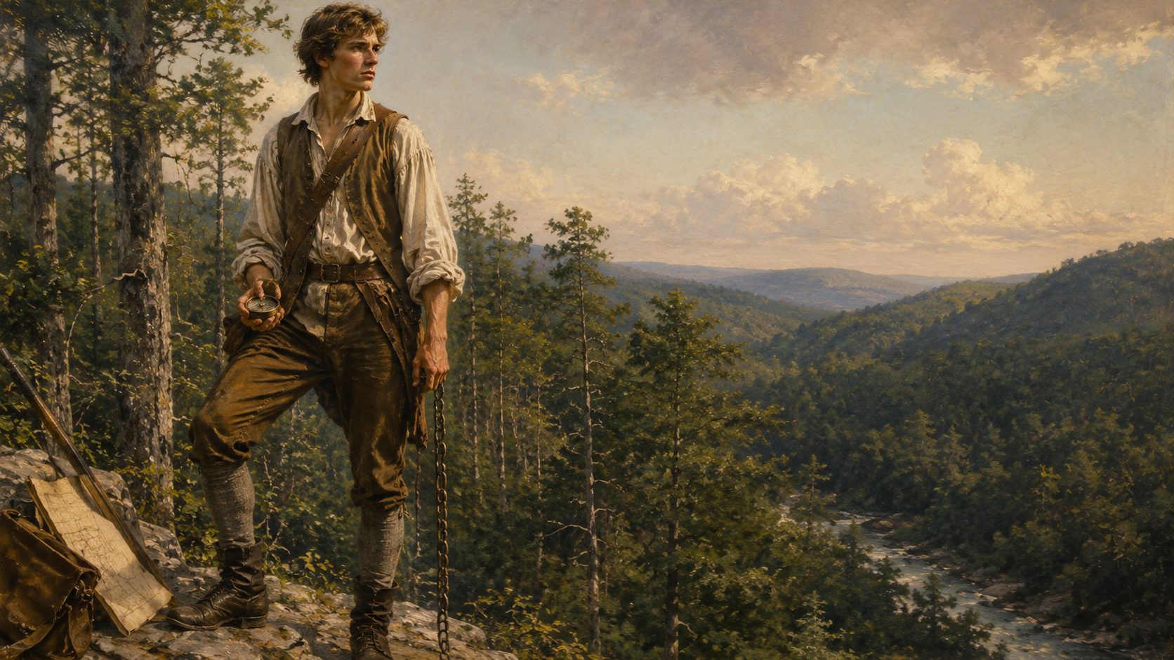 A young surveyor in 18th century frontier Virginia — George Washington began mapping the Shenandoah wilderness at age 16